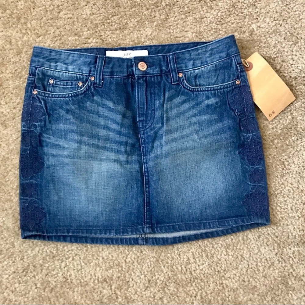 H&M L.O.G.G. Blue Denim Mini Skirt Sz 6 | NWT Embroidered Side Panels